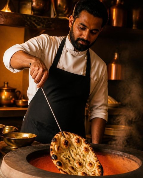 A Taj chef pulling fresh naan from the tandoor