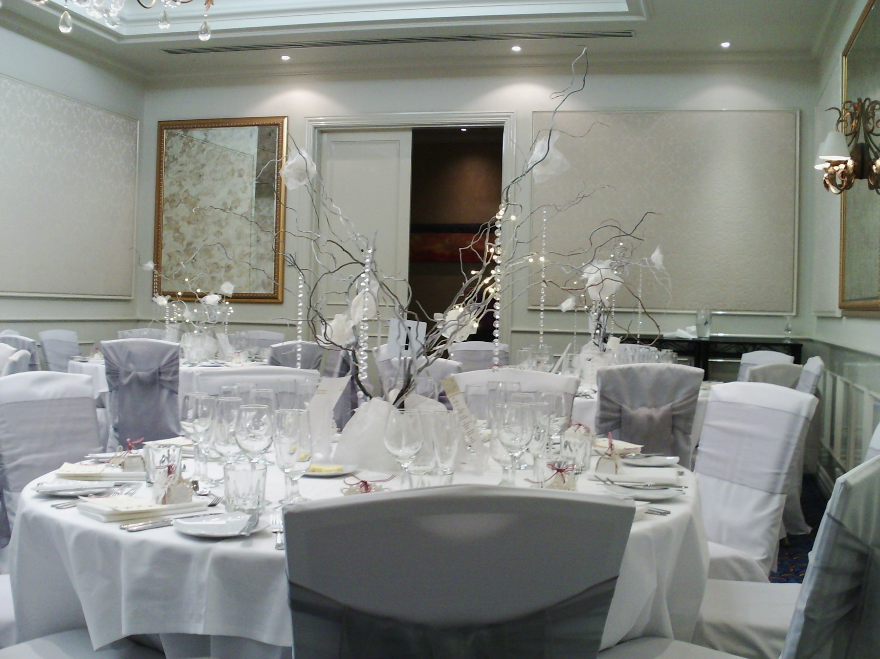 Banquet hall set with round tables